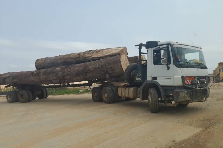 Un camion de billes de bois en pleine manœuvre à la sortie du port de Kribi au Cameroun